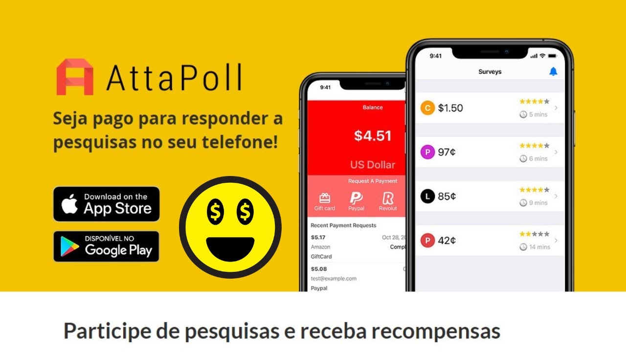 Tela inicial do app AttaPoll mostrando pesquisas disponíveis